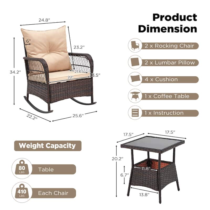 3-Piece Outdoor Rocking/Swivel Chair Set - PE Rattan Patio Furniture with Cushions & Coffee Table, Rocker Chairs for Backyard