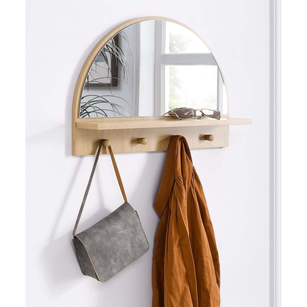 Rancho Modern Oak Arched Wall Mirror with Shelf and Hooks