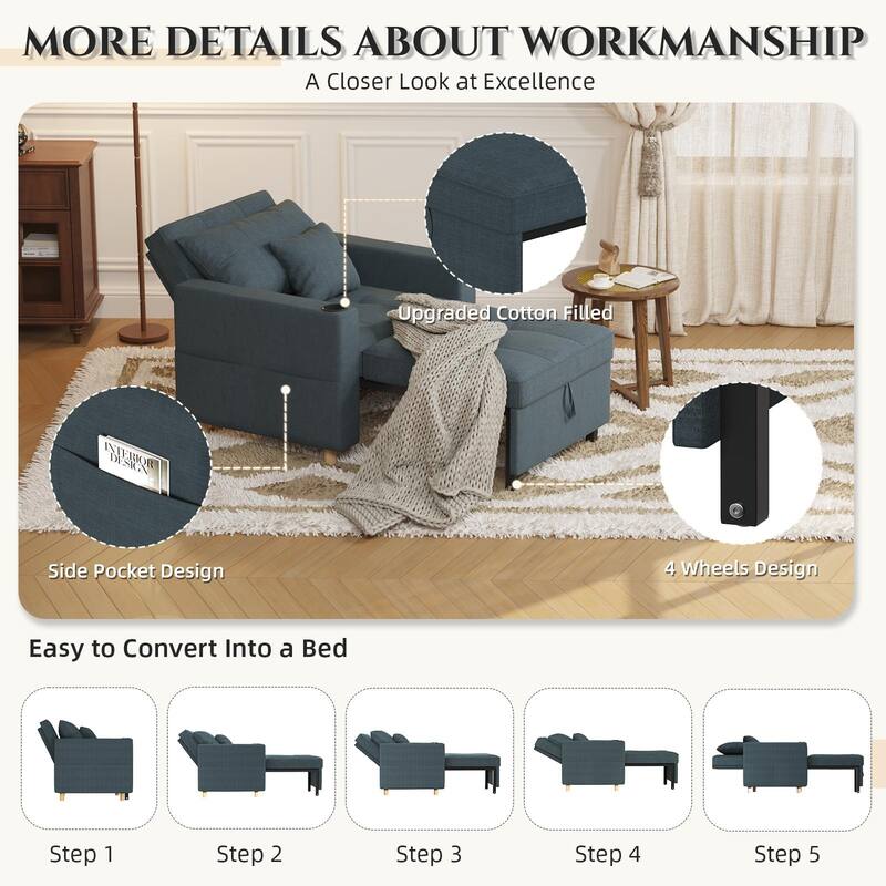 AECOJOY Sleeper Chair Extra Wide Convertible Chair Bed 3-in-1 Pull Out Single Sofa
