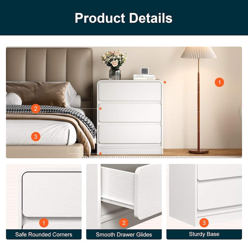 Modern Storage 3-Drawer Nightstand Set of 2 for Bedroom, Nursery, Living Room