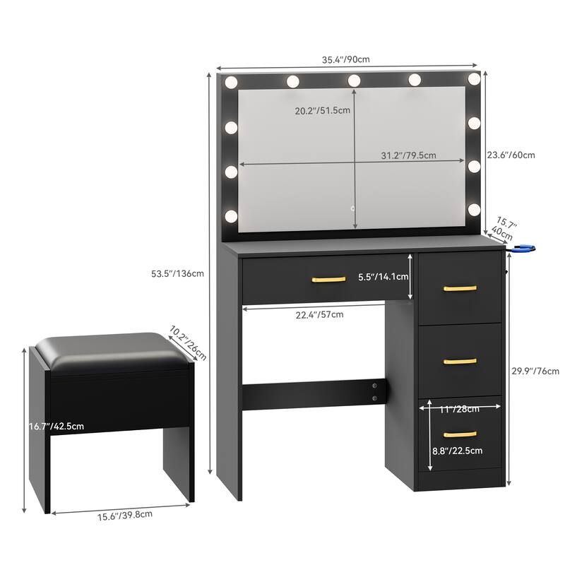 Black Vanity Desk Makeup Table Lighted Mirror Dressing - 35.4"L x 15.7"W x 53.5"H