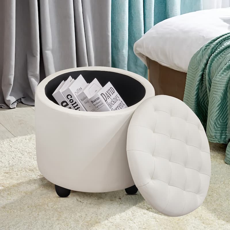 Modern Button Tufted Accent Storage Ottoman, Small Upholstered Circle Pouf Footstool with Removable Lid Storage Ottoman