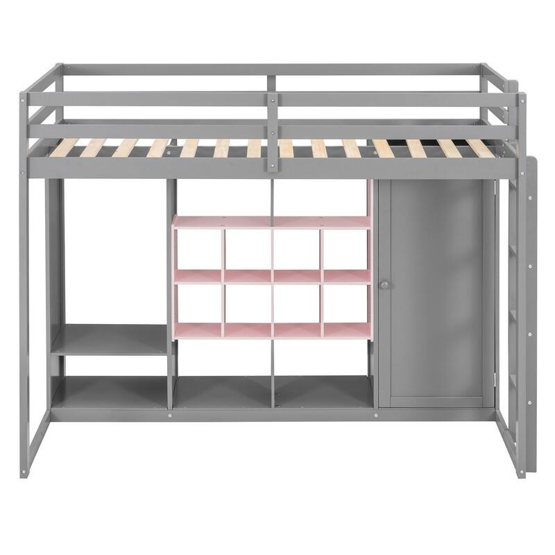 Twin/Full Size Loft Bed with Wardrobe and Cabinet, Wooden Loft Bedframe with Storage Shelves, Ladder and Guardrail for Kids