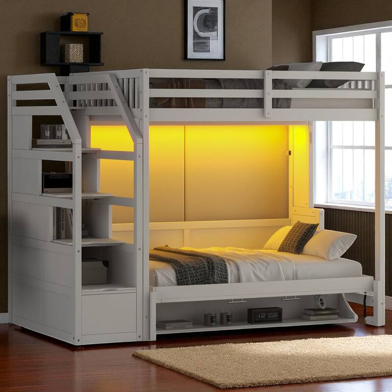 Full XL Loft Bed with Storage Staircase, Murphy Bed, Built-in Desk and LED Light, Pine Wood Space-Saving Frame