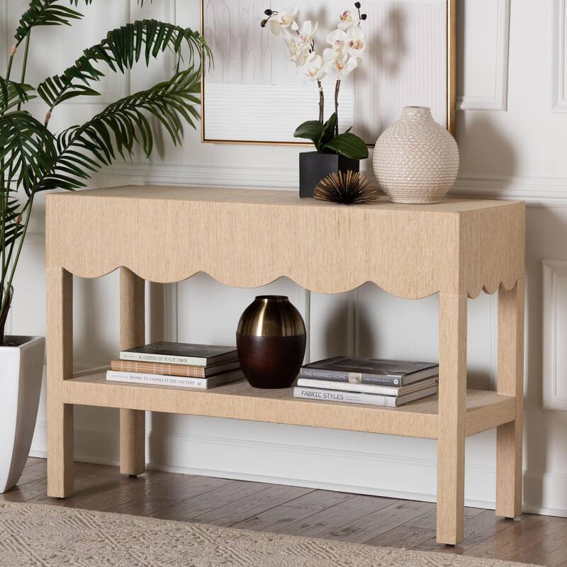 Mason Natural Grasscloth Console Table - Two-Tier Entryway Table with Scalloped Apron, Modern Coastal Accent Table