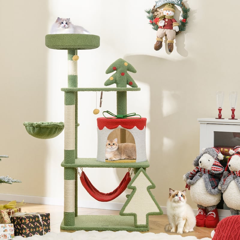 Gymax 52'' Tall Christmas Cat Tree w/ Sisal Scratching Posts Gift Box