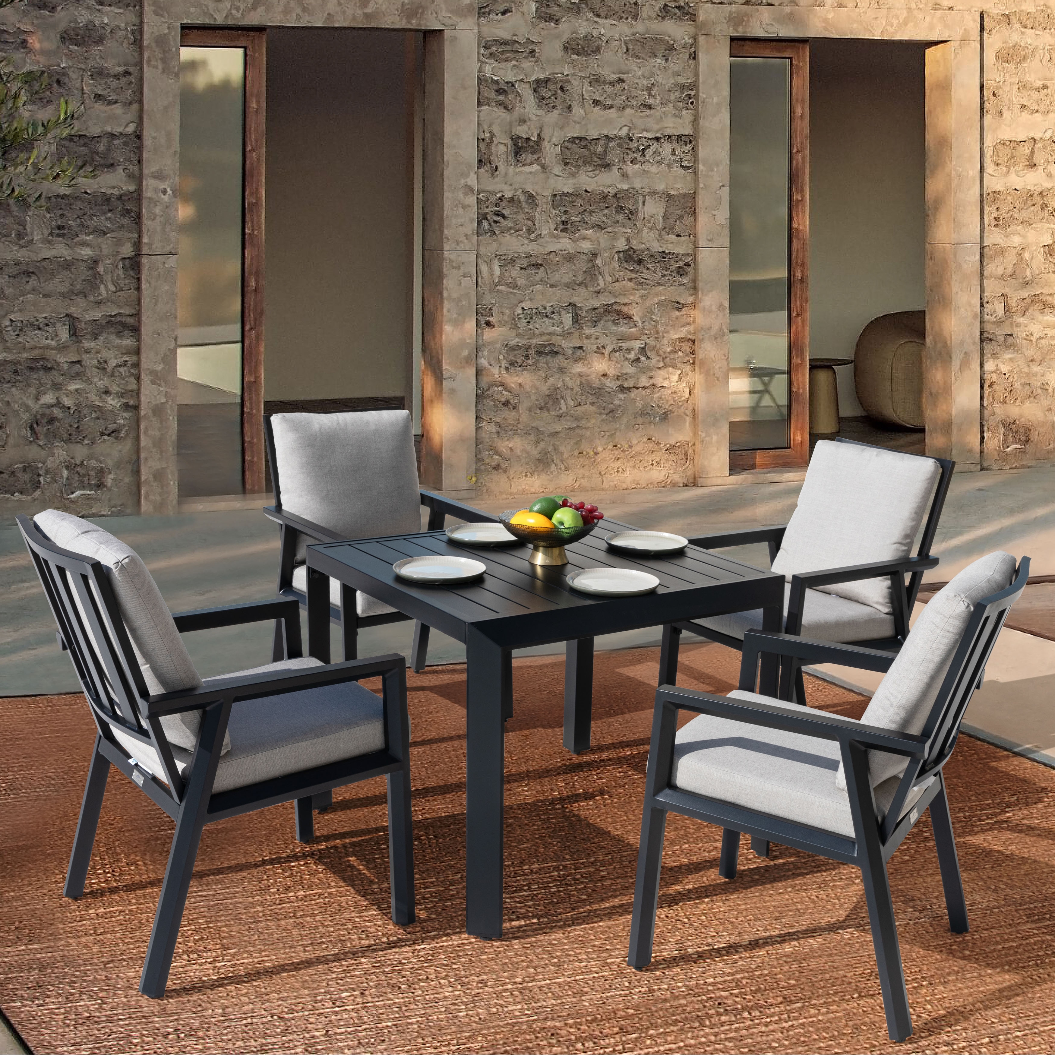 Nuu Garden Outdoor Patio Aluminum Dining Set with Gray Umbrella Hole, Soft Cushions