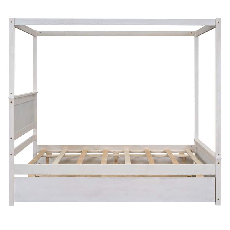White Brushed Full Size Wood Canopy Platform Bed with Trundle and Two Drawers, MDF & Pinewood, Support Slats