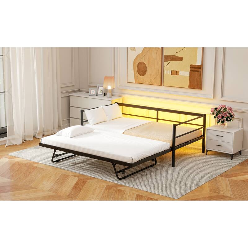 Twin Size Metal Daybed with LED Lights, Adjustable Pop-Up Trundle, Black
