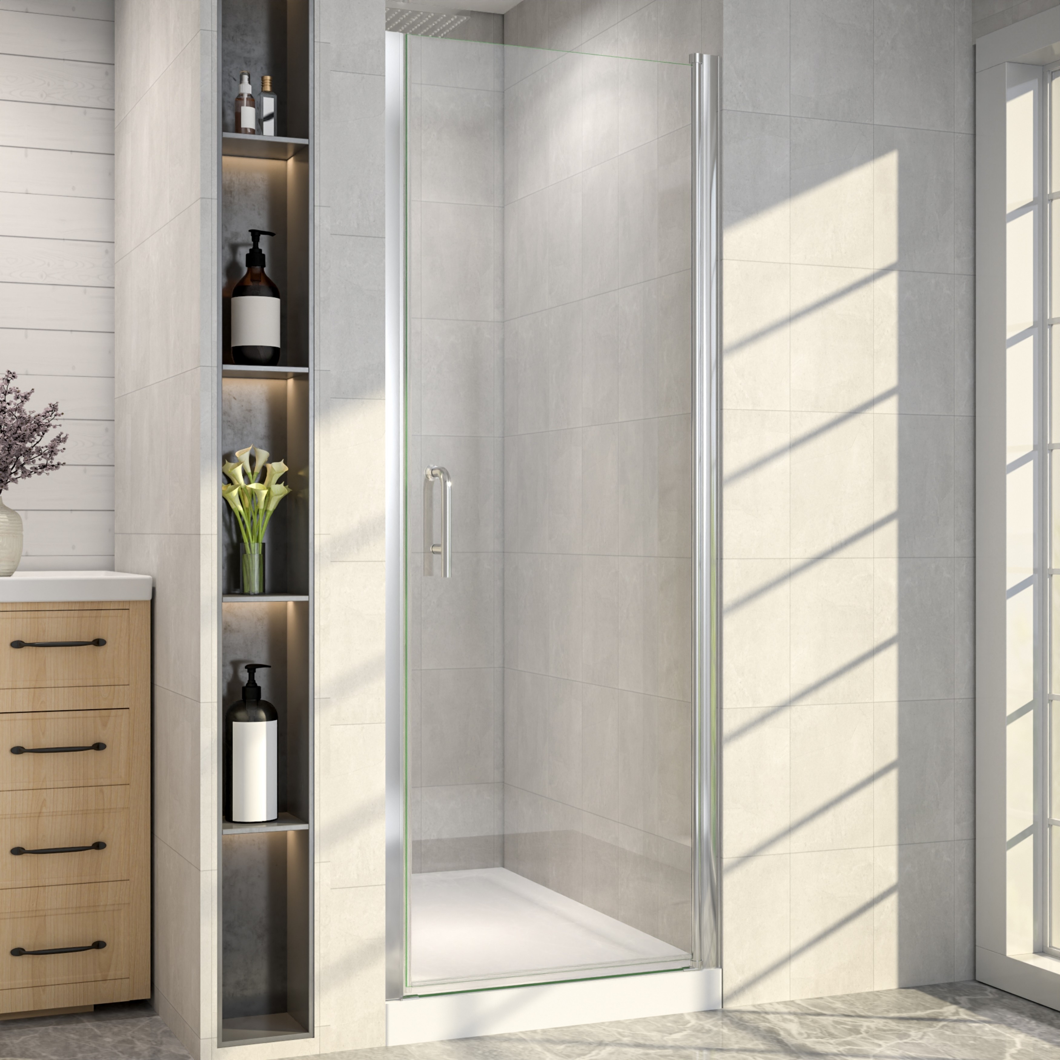 24 in. W x 72 in. H Semi-Frameless Pivot Shower Door with 1/4" Clear Tempered Glass Stainless Steel Handle