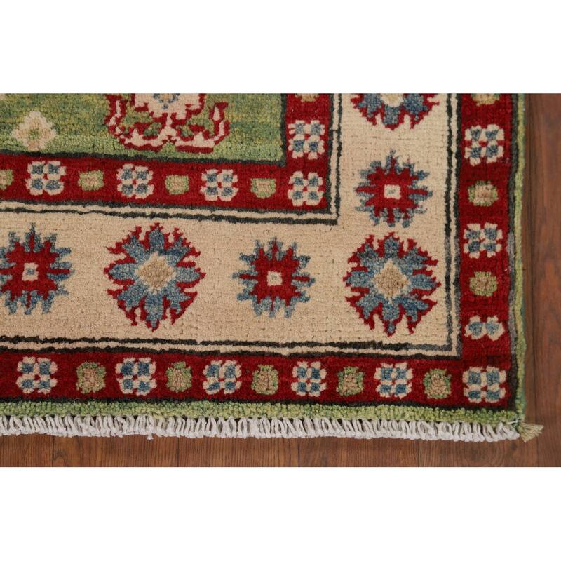 Light Green Geometric Kazak Foyer Rug Hand-Knotted Wool Carpet - 2'10" x 4'2"