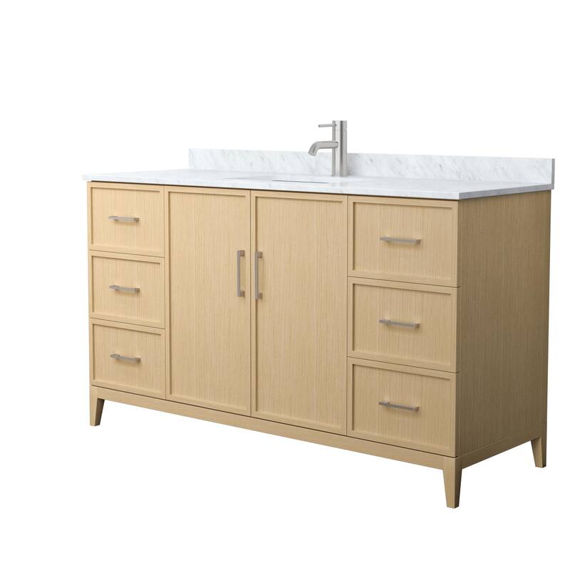 Elan 60-inch Single Vanity, Marble Top - White Oak, Nickel Trim, White Carrara Marble Top