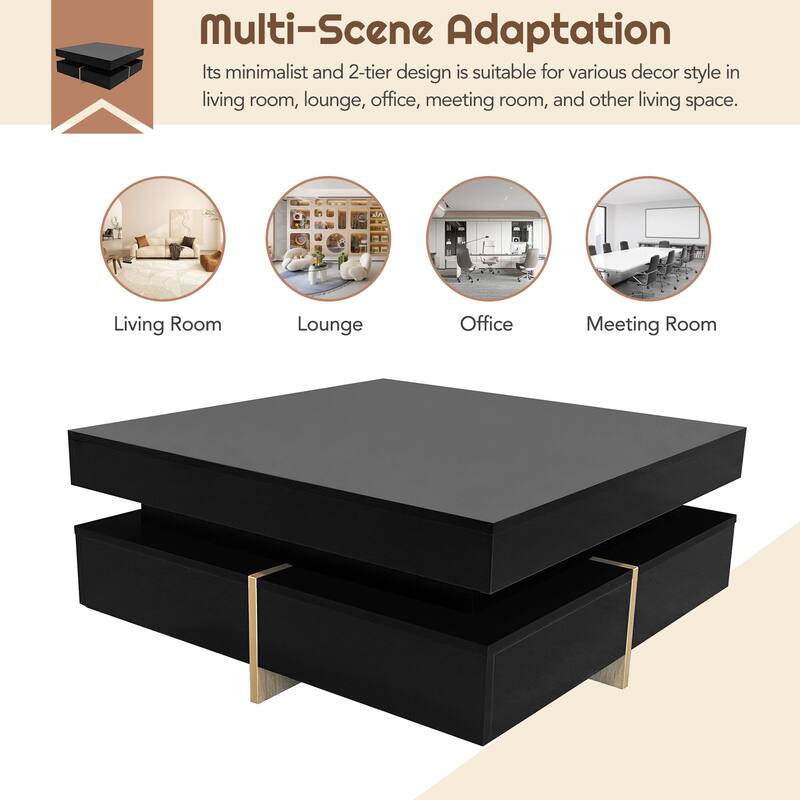 Modern High Gloss Coffee Table With 4 Drawers, Multi-Storage Square Cocktail Tea Table With Wood Grain Legs, Center Table