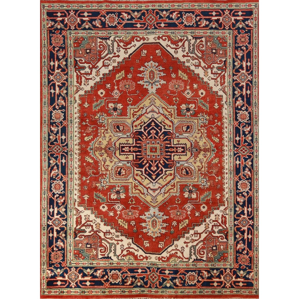 Hand Knotted Oriental 100% Wool Carpet Traditional Medallion Oranges & Rust Heriz (serapi) Area Rug - 10' 0'' X 7' 10''