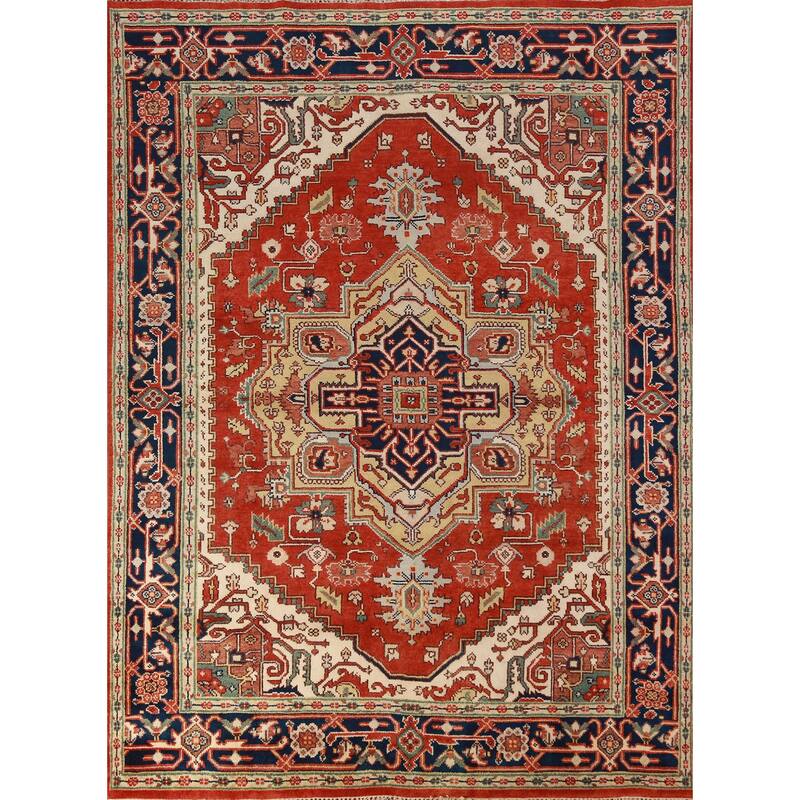 Hand Knotted Oriental 100% Wool Carpet Traditional Medallion Oranges & Rust Heriz (serapi) Area Rug - 10' 0'' X 7' 10''