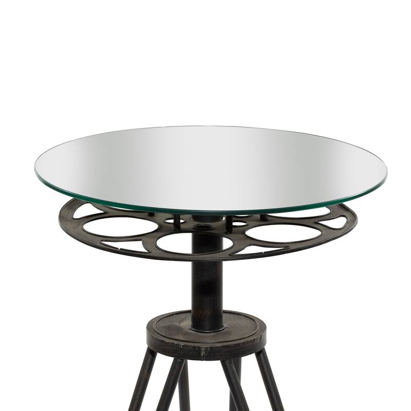 Black Metal Film Reel Accent Table with Tripod Legs and Glass Top