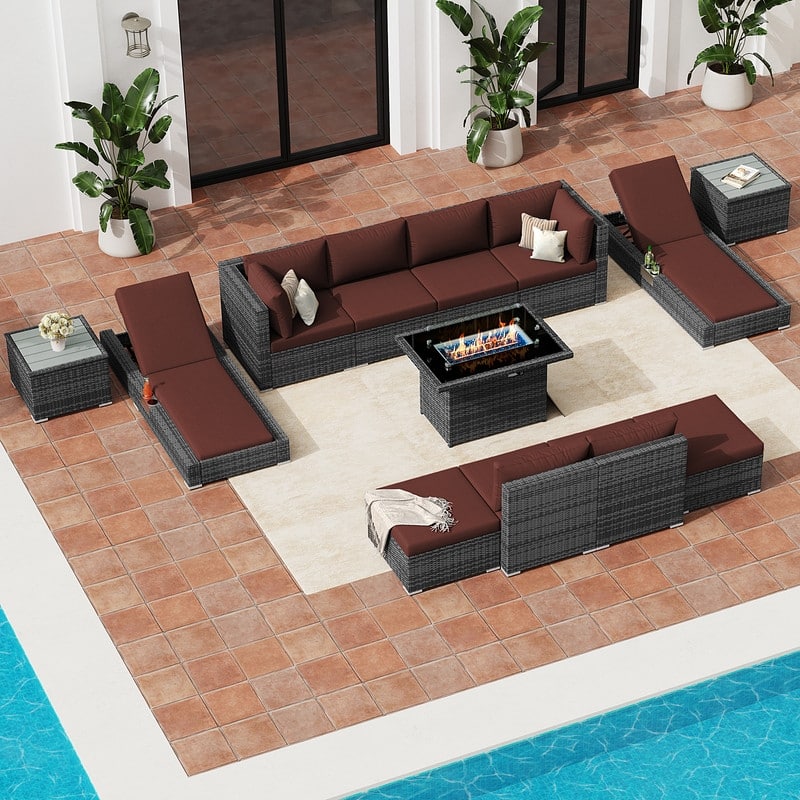 FINCATI 13-Piece Wicker Sectional Patio Conversation Set with 43" CSA Fire Pit, High-Back Deep Seating, Lounge Chaise, Dual Fuel