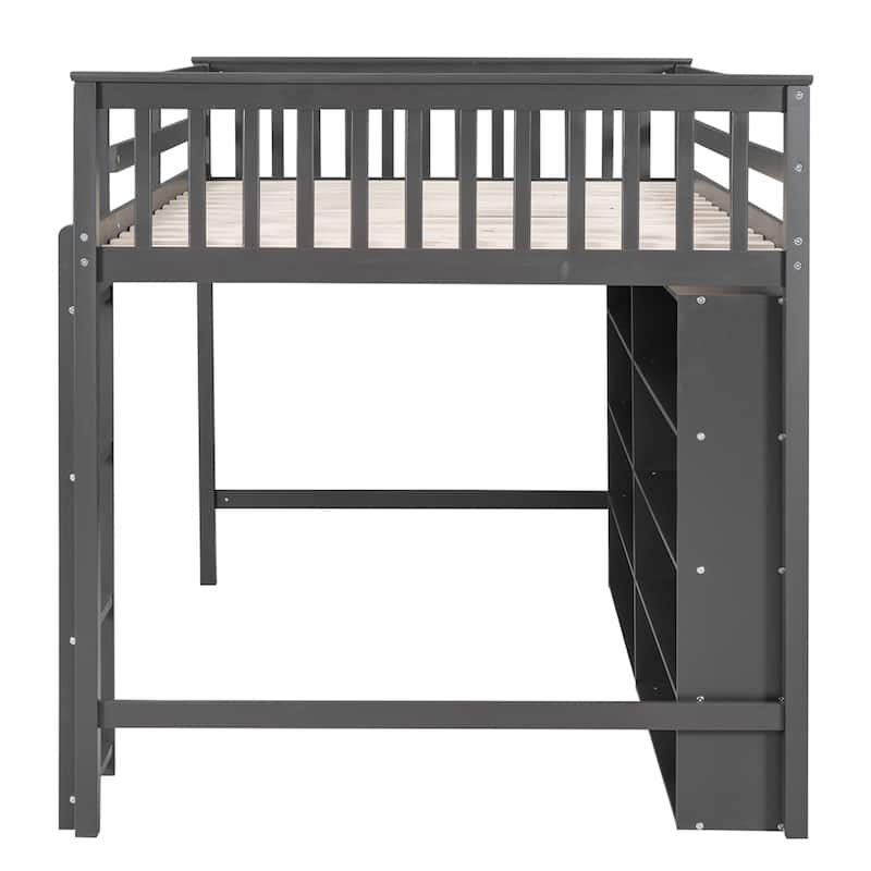 Full Size Wood Loft Bed w/ 8 Open Storage Shelves and Built-in Ladder