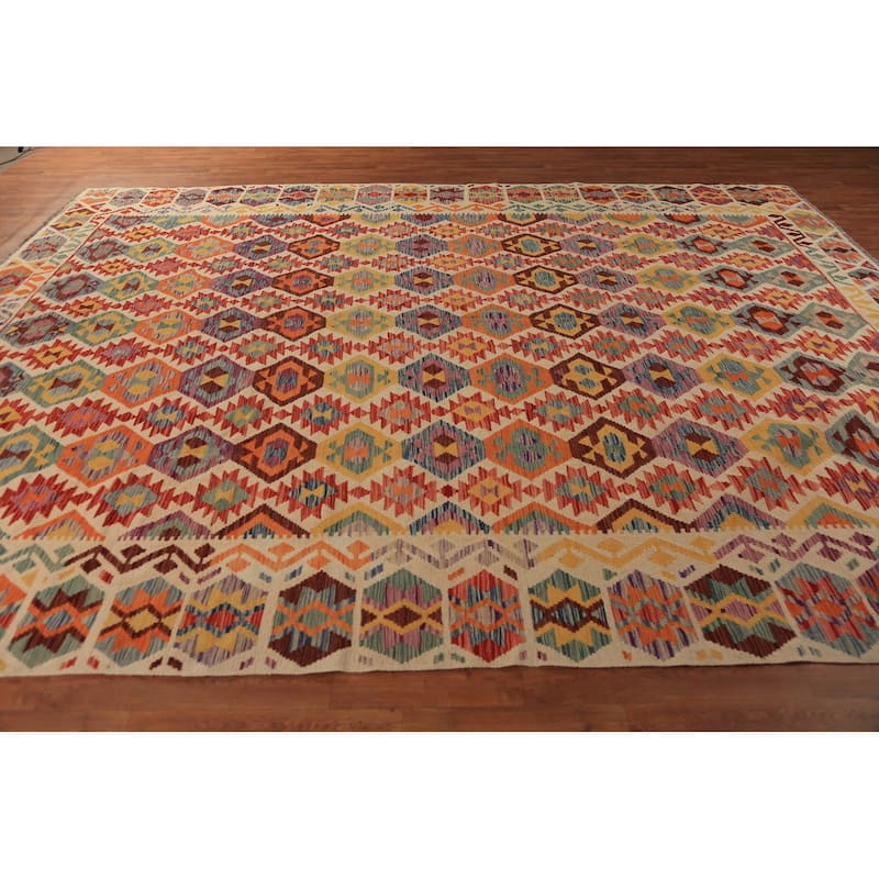 Tribal / Geometric Kilim Oriental Rug Hand-Woven Wool Carpet - 9'11"x 12'10"