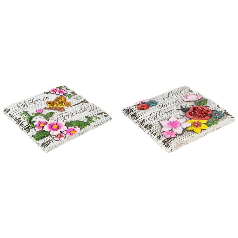 Set of 2 Love Blooms Welcome Friends Floral Outdoor Garden Stones 7"