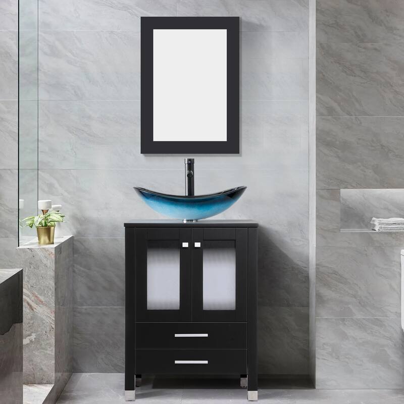 24" Bathroom Vanity with Sink Set Storage Cabinet Combo - Black - B-Glass blue boat sink