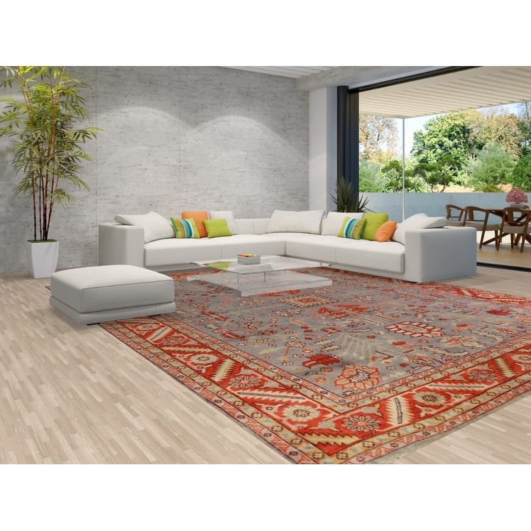 All-Over Gray Oushak Indian Large Rug Hand-Knotted Wool Carpet - 11'11" x 14'7"