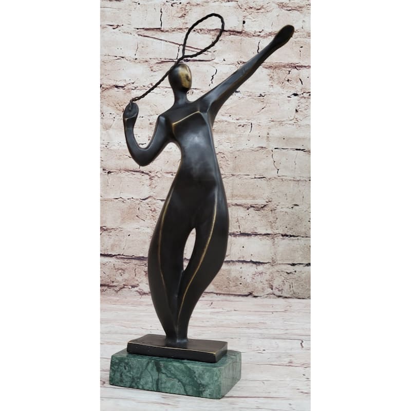 Tennis Badminton Player Serving Bronze Metal Statue Sculpture Figurine Signed 10 Inches X 6 Inches