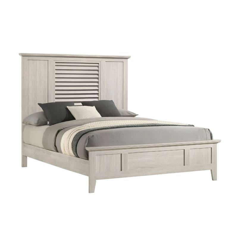 Sary Queen Size Bed w Tall Louvered Headboard, Tapered Front Legs, Off White