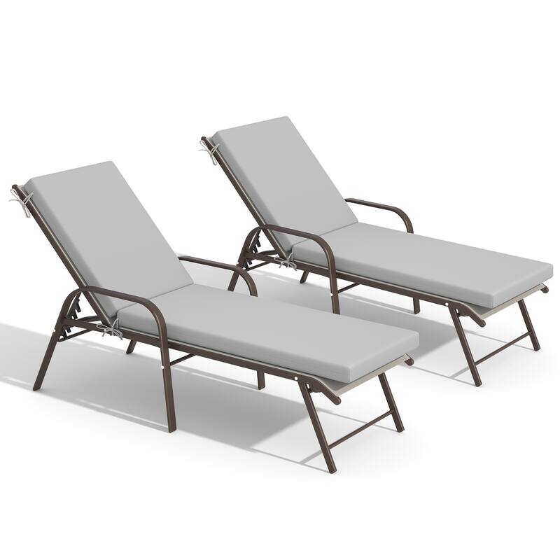 Outdoor Lounge Chairs Chaise Lounge Set with Adjustable Back and Cushions - Light Grey Fabric Chair with Light Grey Cushion