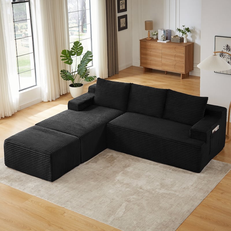 Corduroy Upholstery Cloud Modular Sectional Sofa with Chaise and Pillows, All-Foam Compression Design