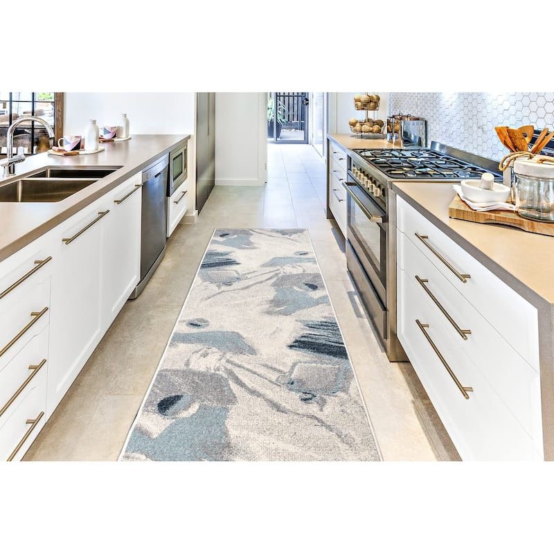 LaDole Abstract Rustic Minimalist Contemporary Runner Rug, Modern Carpet for Livingroom Hallway - Blue, Grey, and Ivory