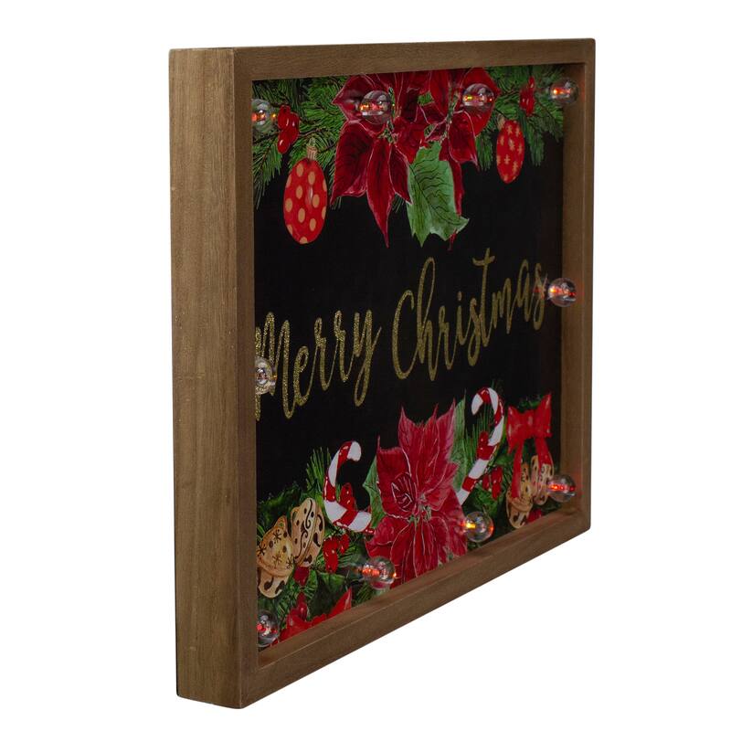 15.75" Brown "Merry Christmas" with Poinsettias Wooden Plaque