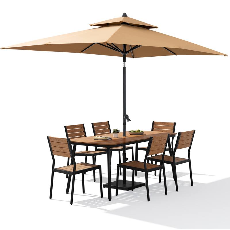 9-Piece Outdoor Dining Set Rectangular Aluminum Table and Stackable Chairs with Umbrella and Base