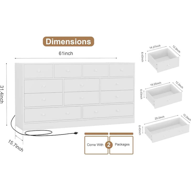 12 Drawer Dresser for Bedroom, 61 Inch Wood Dresser with Power Outlet