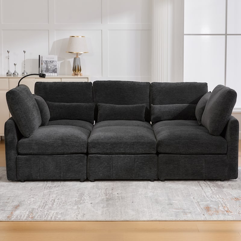 Modular Sectional Sofa with Movable Ottoman Convertible L-Shape or U-Shape Sofa Bed Built-in USB Charging Ports and Phone Holder