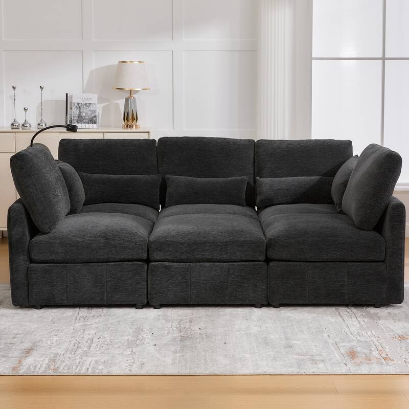 U Shaped Modular Sectional Sofa with Movable Ottoman, Chenille Upholstered 5-Seater Sofa with 2 USB Ports & Phone Holder