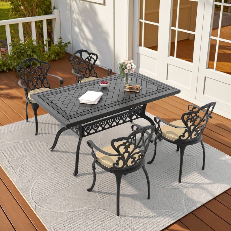 5/7-Piece Cast Aluminum Outdoor Dining Set with 59.06'' L X 35.43'' W Rectangular Table and Seat Cushions - Black( 5-Piece Sets-C)