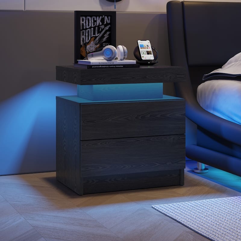 Modern 2-Drawer Nightstand Sofa Side Table with Adjustable LED Lights for Bedroom Living Room - Black Woodgrain