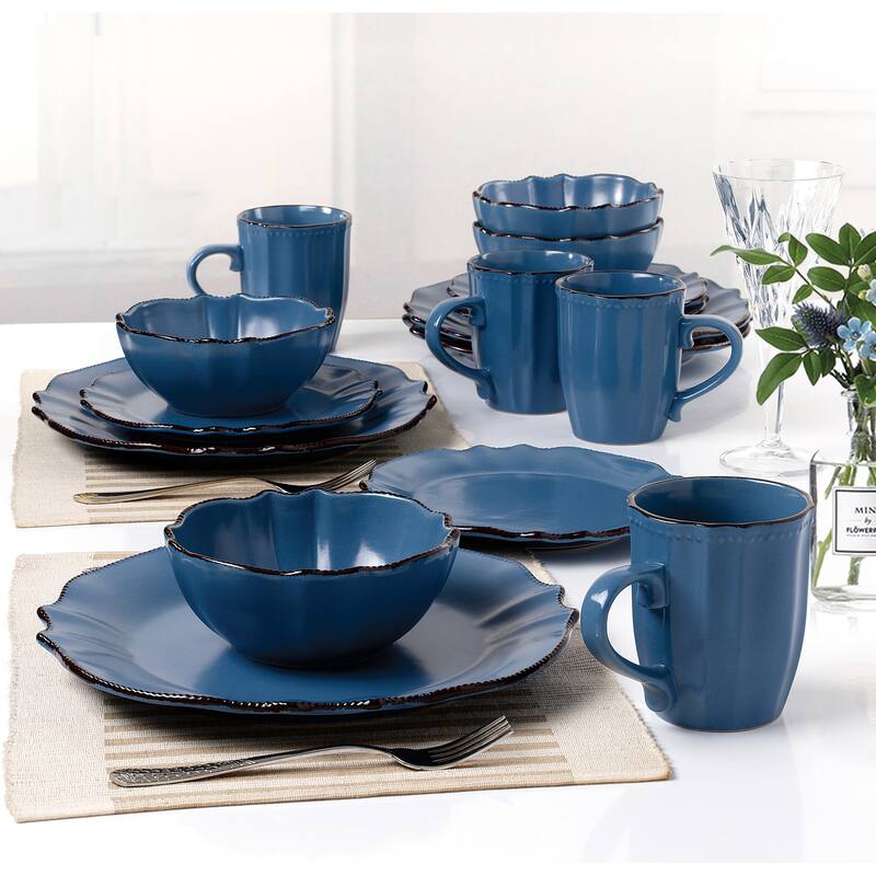 Lorren Home Trends 16 Piece Scalloped Edge Yale Blue Dinnerware