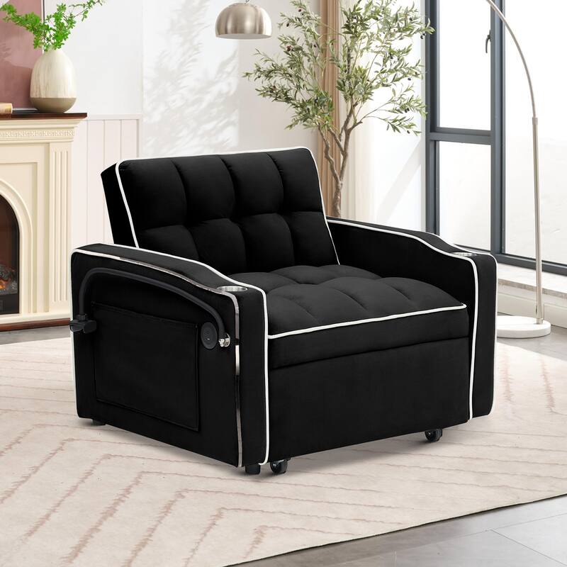 Multifunctional Velvet Upholstered Convertible Storage Futon Chair with Swivel Phone Stand - Black