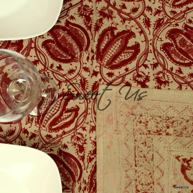 Cotton Vegetable Dye Block Print Rustic Vintage Floral Tablecloth