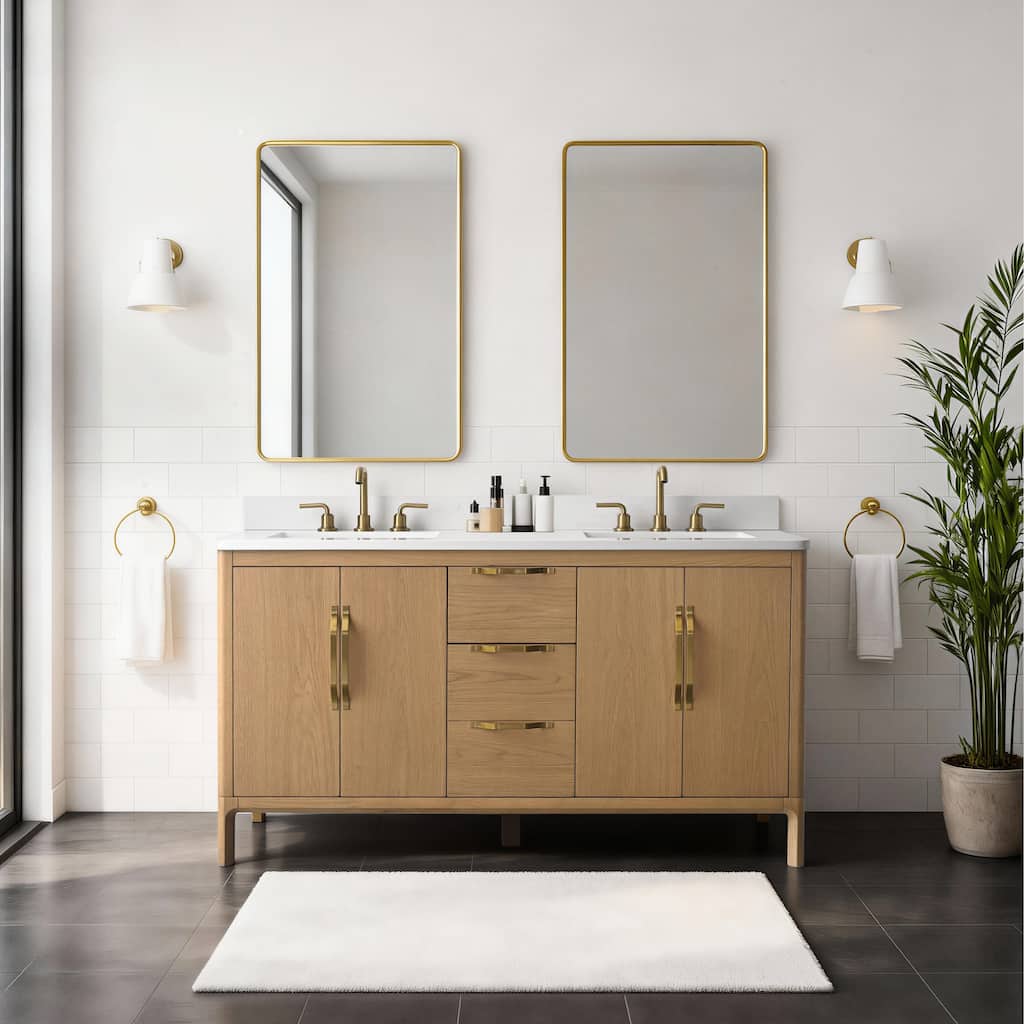 60" Freestanding Double-Sink Bathroom Vanity with Engineered Stone Top, Built-In Power Outlet, and Hair Dryer Storage