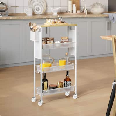 Moasis Wood Rolling Kitchen Cart with Wooden Tabletop and Mesh Baskets