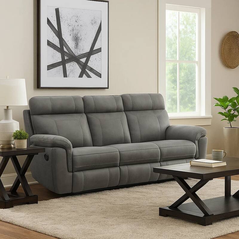 Cliff 84 Inch Manual Reclining Sofa, Gray Microfiber, Solid Wood, Metal