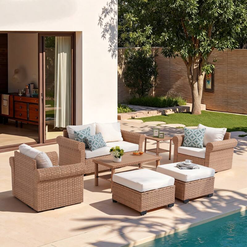 Outdoor 7-Piece Pe Rattan Garden Patio Sofa Set with Swivel Chair - Beige