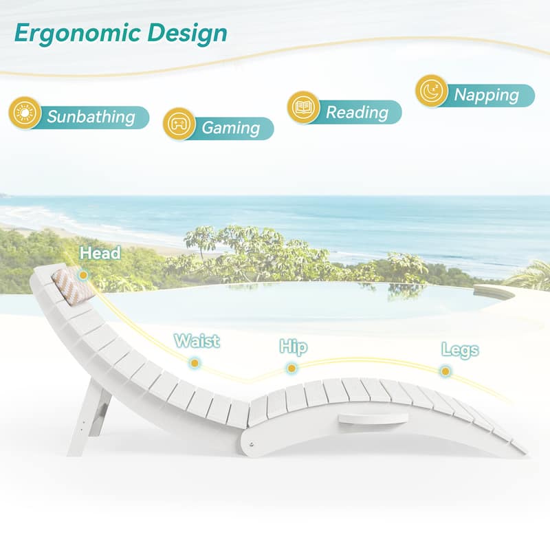 1-Piece Folding HDPS Plastic Outdoor Pool Chaise Lounge with Headrest Cushion