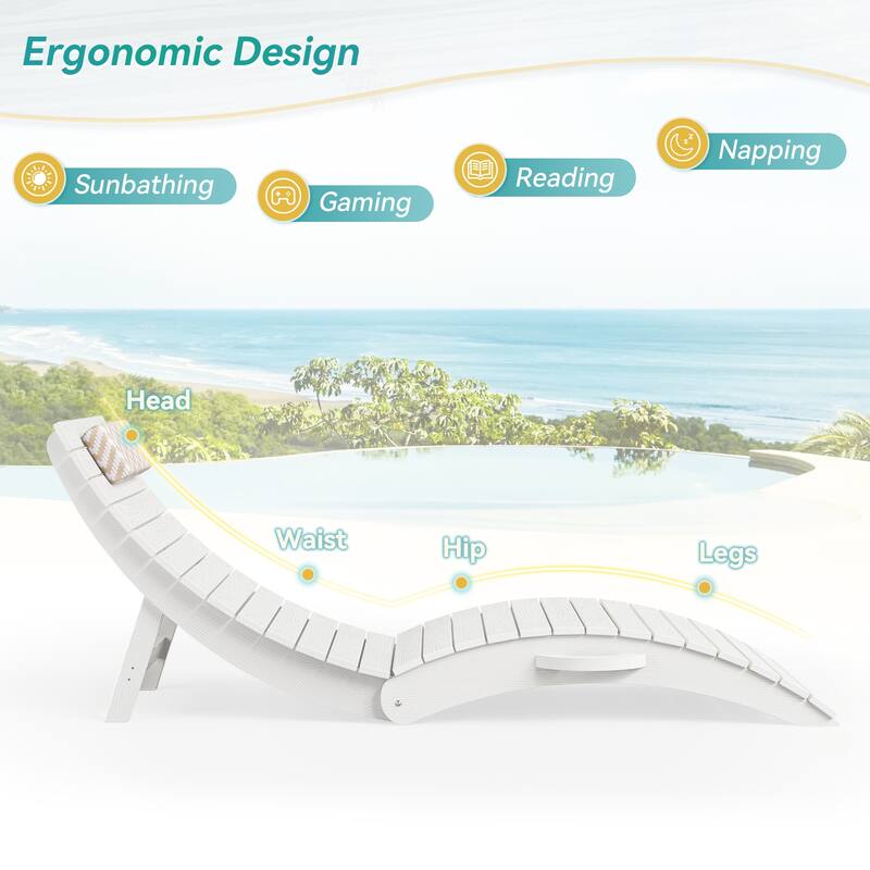 2-Piece Folding HDPS Plastic Outdoor Pool Chaise Lounges with Headrest Cushion