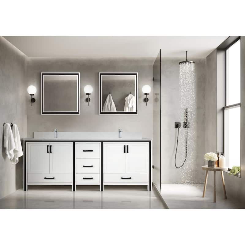 Ziva 84 in W x 22 in D White Double Bath Vanity, White Quartz Top and 34 in Mirrors