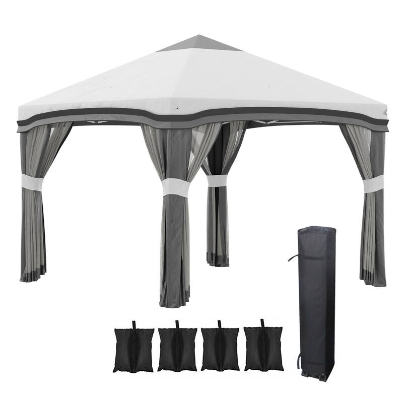 10'x10' Pop-Up Canopy Tent with Netting, Adjustable Height, Wheeled Carry Bag, 4 Sand Bags for Outdoor Use - Grey