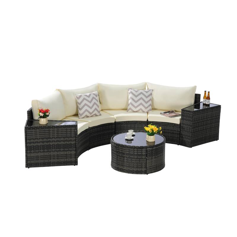 7-Piece Outdoor Patio Half-Moon Sectional Sofa Set with Tempered Glass Coffee Table